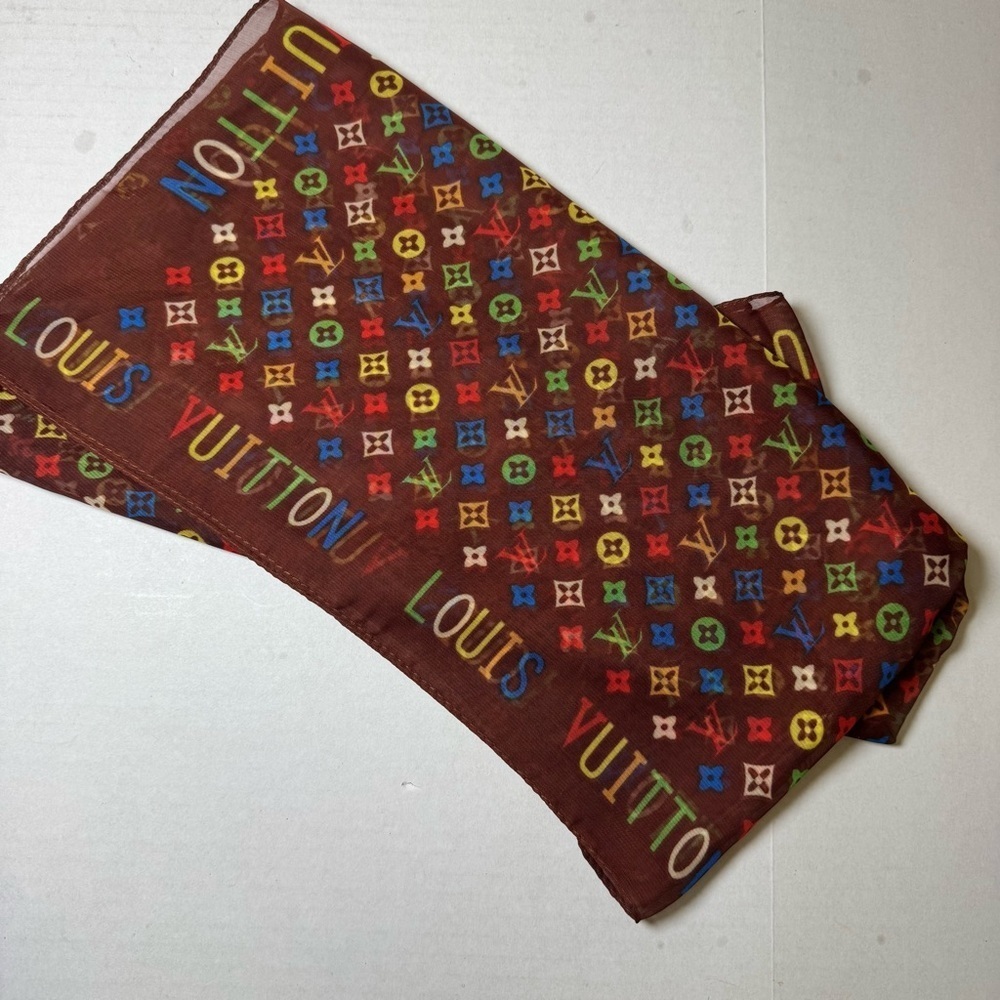 Louis Vuitton Vintage Silk Monogram Multicolor Rectangle Scarf in Brown